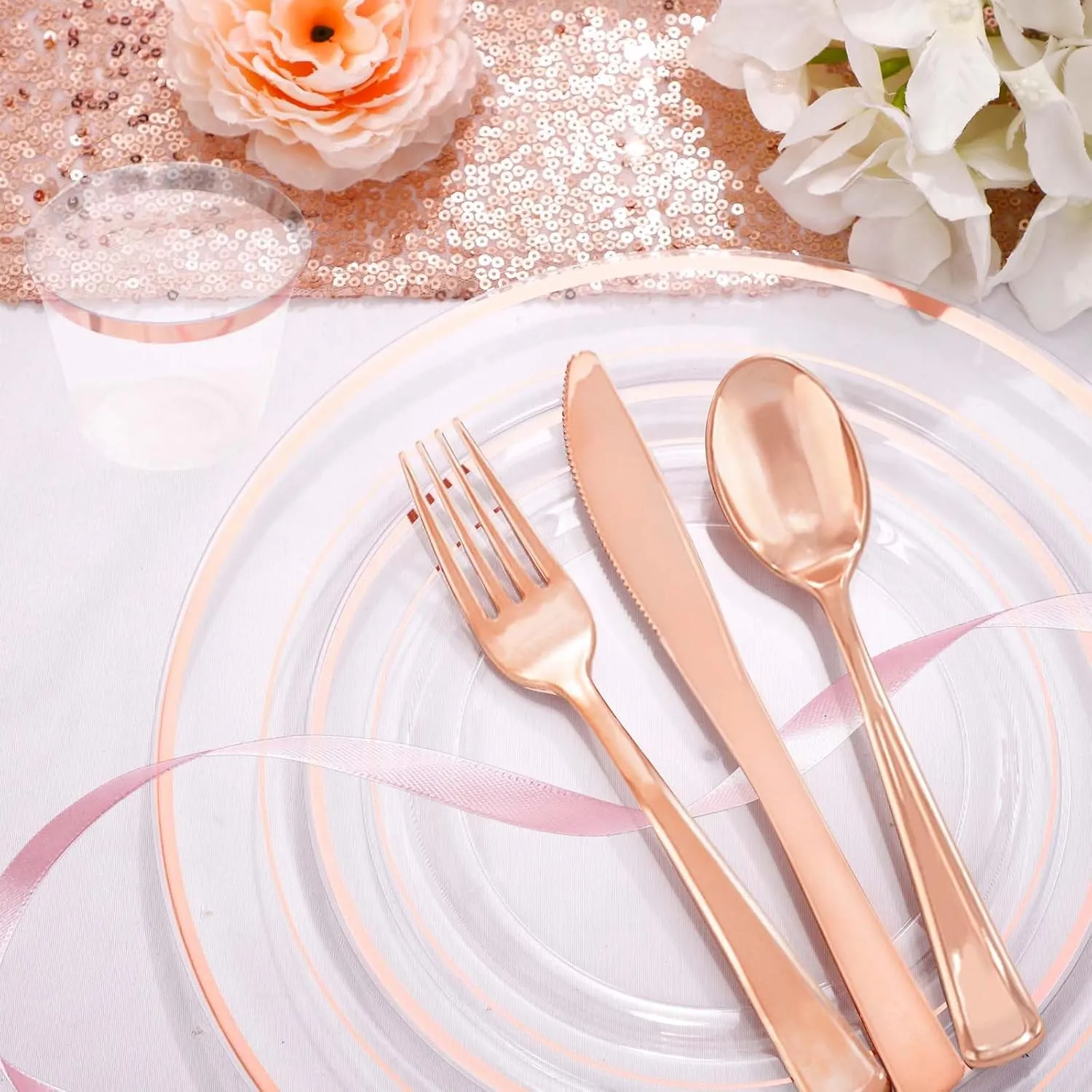 WELLIFE 350Pcs Rose Gold Plastic Plates for 50 Guests - Clear Plates for Party，Disposable Dinnerware Set Includes 100 Rose Gold plates,150 Silverware,50 Napkins,50 Cups for Party and Wedding