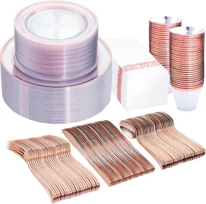 WELLIFE 350Pcs Rose Gold Plastic Plates for 50 Guests - Clear Plates for Party，Disposable Dinnerware Set Includes 100 Rose Gold plates,150 Silverware,50 Napkins,50 Cups for Party and Wedding