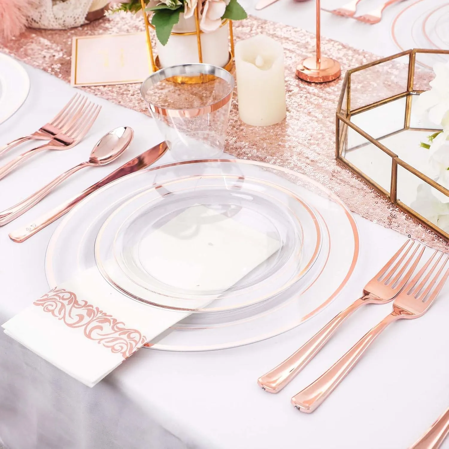 WELLIFE 350Pcs Rose Gold Plastic Plates for 50 Guests - Clear Plates for Party，Disposable Dinnerware Set Includes 100 Rose Gold plates,150 Silverware,50 Napkins,50 Cups for Party and Wedding