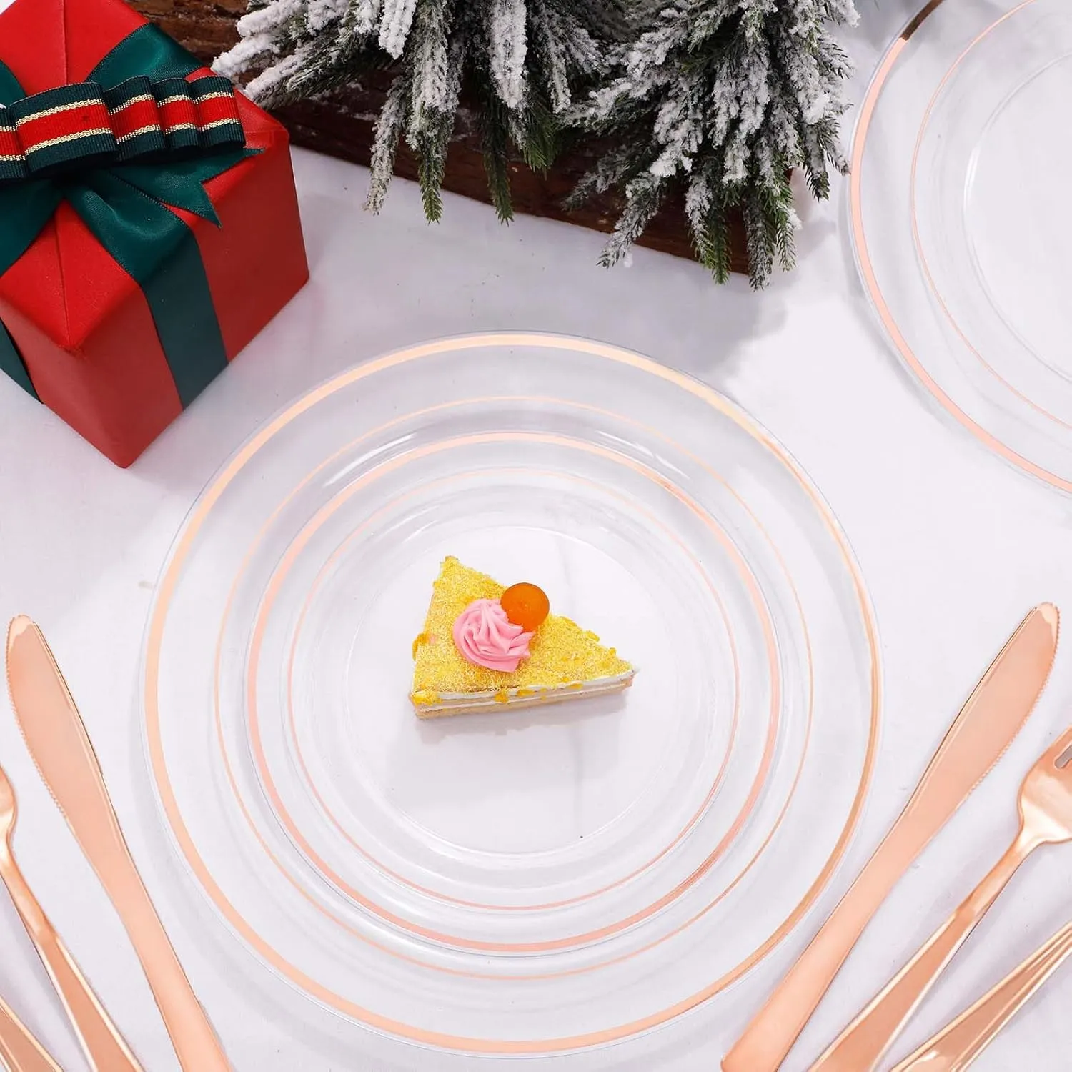 WELLIFE 350Pcs Rose Gold Plastic Plates for 50 Guests - Clear Plates for Party，Disposable Dinnerware Set Includes 100 Rose Gold plates,150 Silverware,50 Napkins,50 Cups for Party and Wedding