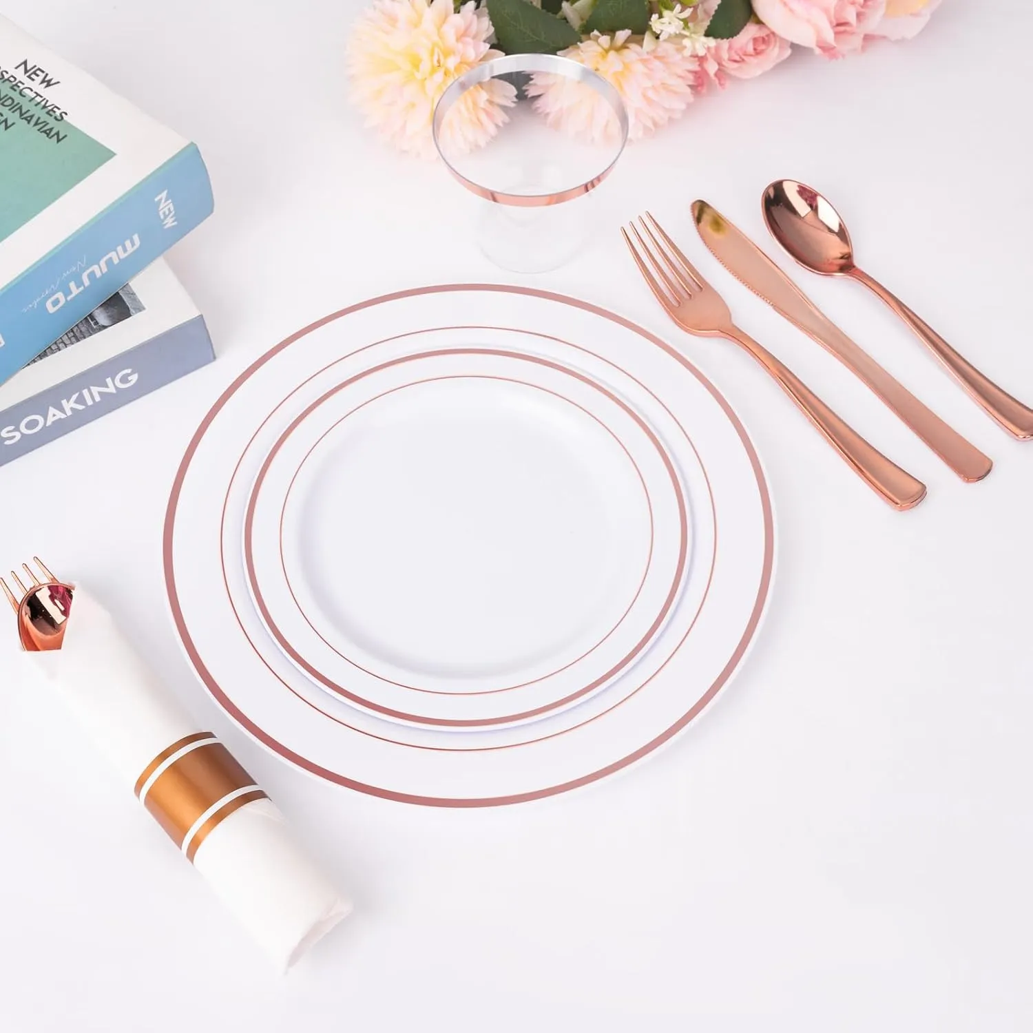 WELLIFE 350Pcs Rose Gold Plastic Plates for 50 Guests - Disposable Plates for Party, Includes 100 Rose Gold Plates,150 Silverware,50 Napkins,50 Cups for Party,Plastic Dinnerware Set