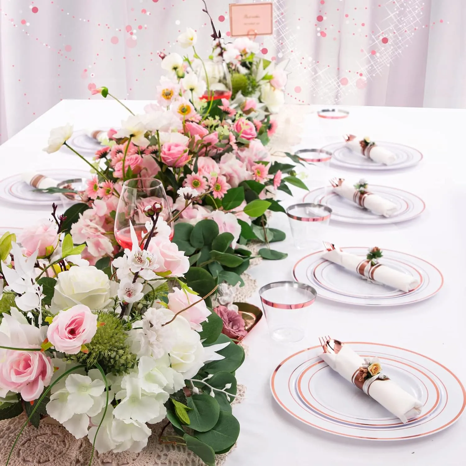 WELLIFE 350Pcs Rose Gold Plastic Plates for 50 Guests - Disposable Plates for Party, Includes 100 Rose Gold Plates,150 Silverware,50 Napkins,50 Cups for Party,Plastic Dinnerware Set