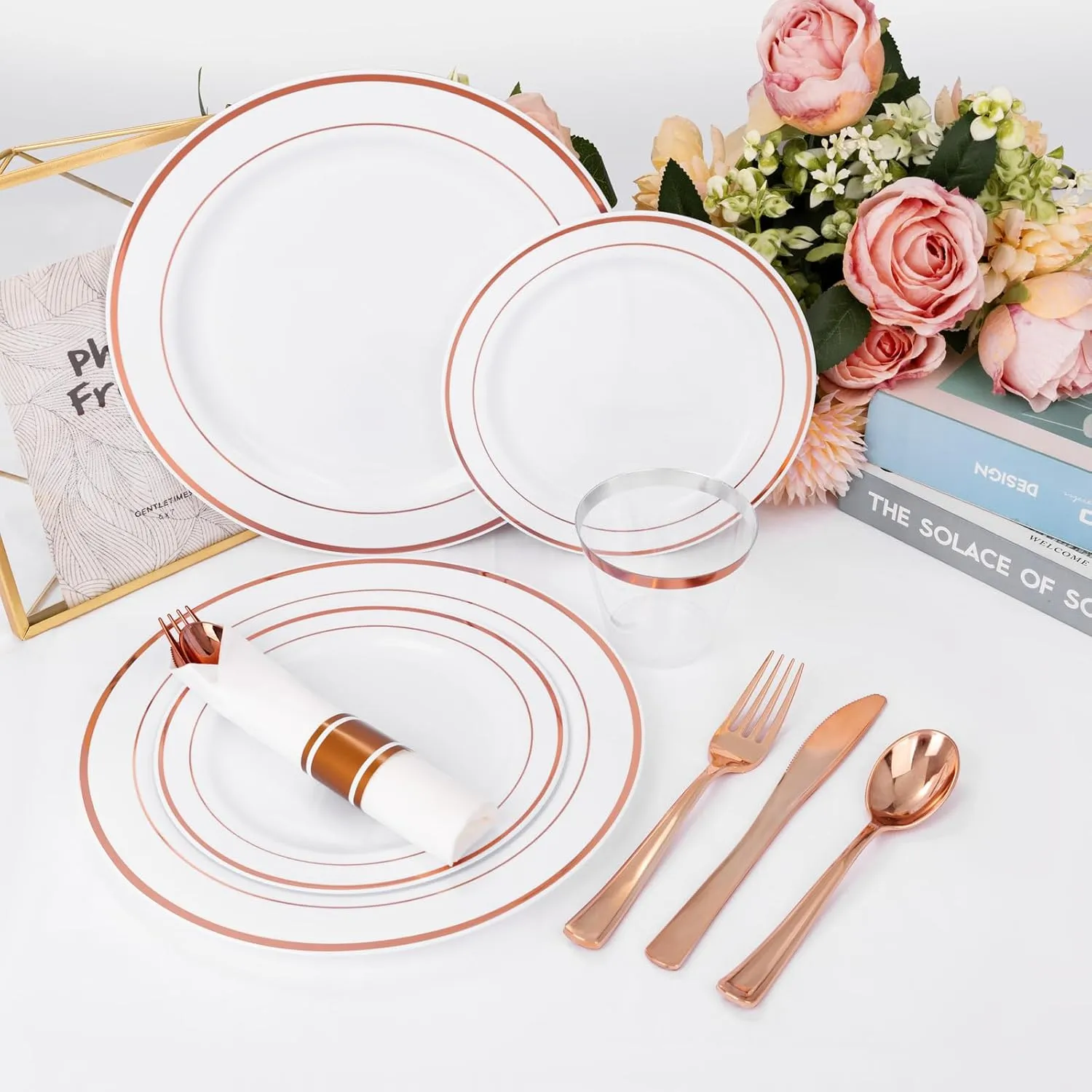 WELLIFE 350Pcs Rose Gold Plastic Plates for 50 Guests - Disposable Plates for Party, Includes 100 Rose Gold Plates,150 Silverware,50 Napkins,50 Cups for Party,Plastic Dinnerware Set