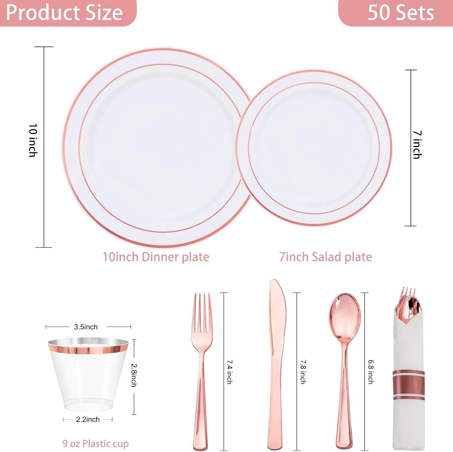 WELLIFE 350Pcs Rose Gold Plastic Plates for 50 Guests - Disposable Plates for Party, Includes 100 Rose Gold Plates,150 Silverware,50 Napkins,50 Cups for Party,Plastic Dinnerware Set