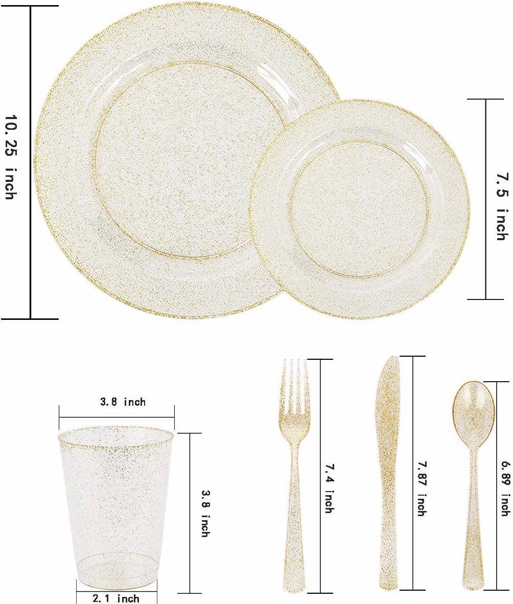 WELLIFE 300PCS Gold Glitter Plastic Plates, Gold Plastic Dinnerware Includes: 50 Dinner and 50 Dessert Plates, 150 Cutlery, 50 Cups for Party