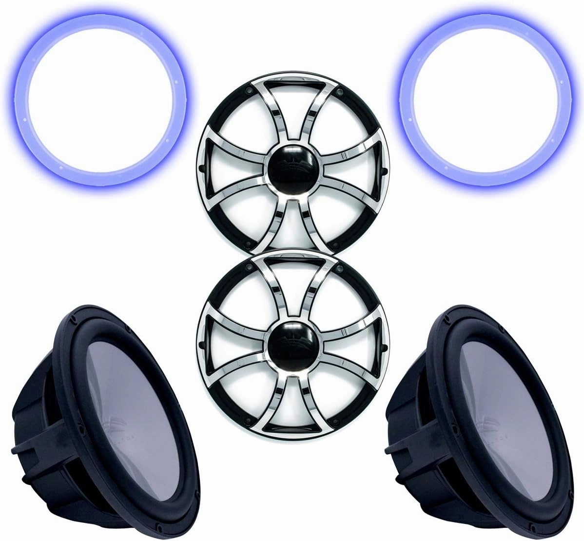 wet sounds Two Revo 12" Subwoofers, Grills, & RGB LED Rings - Black Subwoofers & Black Grills with Steel Inserts - 2 Ohm