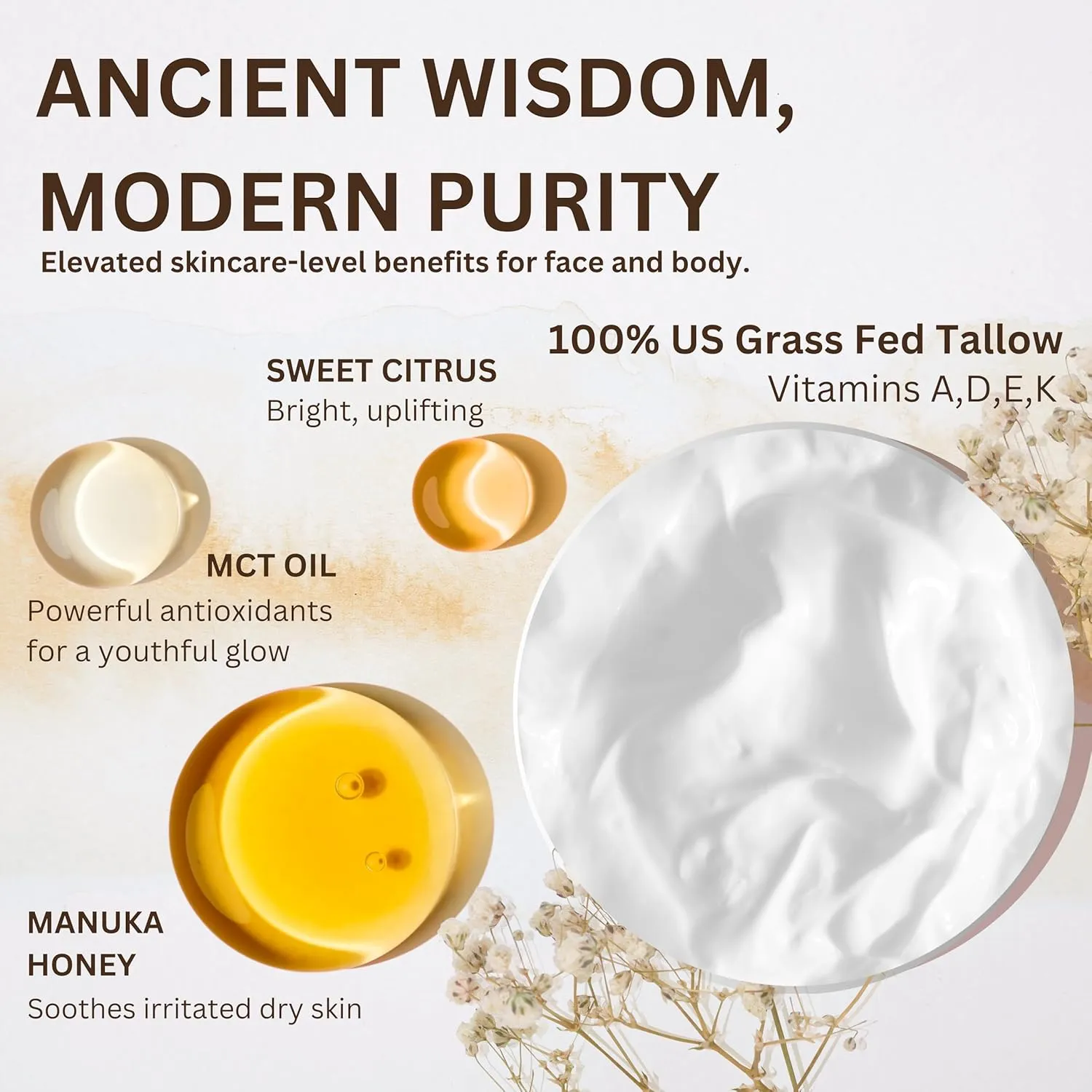 Whipped Beef Tallow for Skin - 100% Pure, Grass Fed Tallow Moisturizer for Face and Body - Organic Honey Beef Balm for Sensitive Skin - Quick Absorbing Hydration (Sweet Citrus)