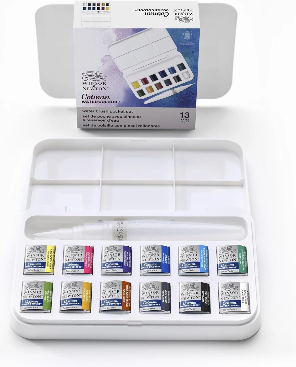 Winsor & Newton Cotman Watercolor Paint Set, 12 Half Pan w/ Water Brush Pen and Mixing Palette