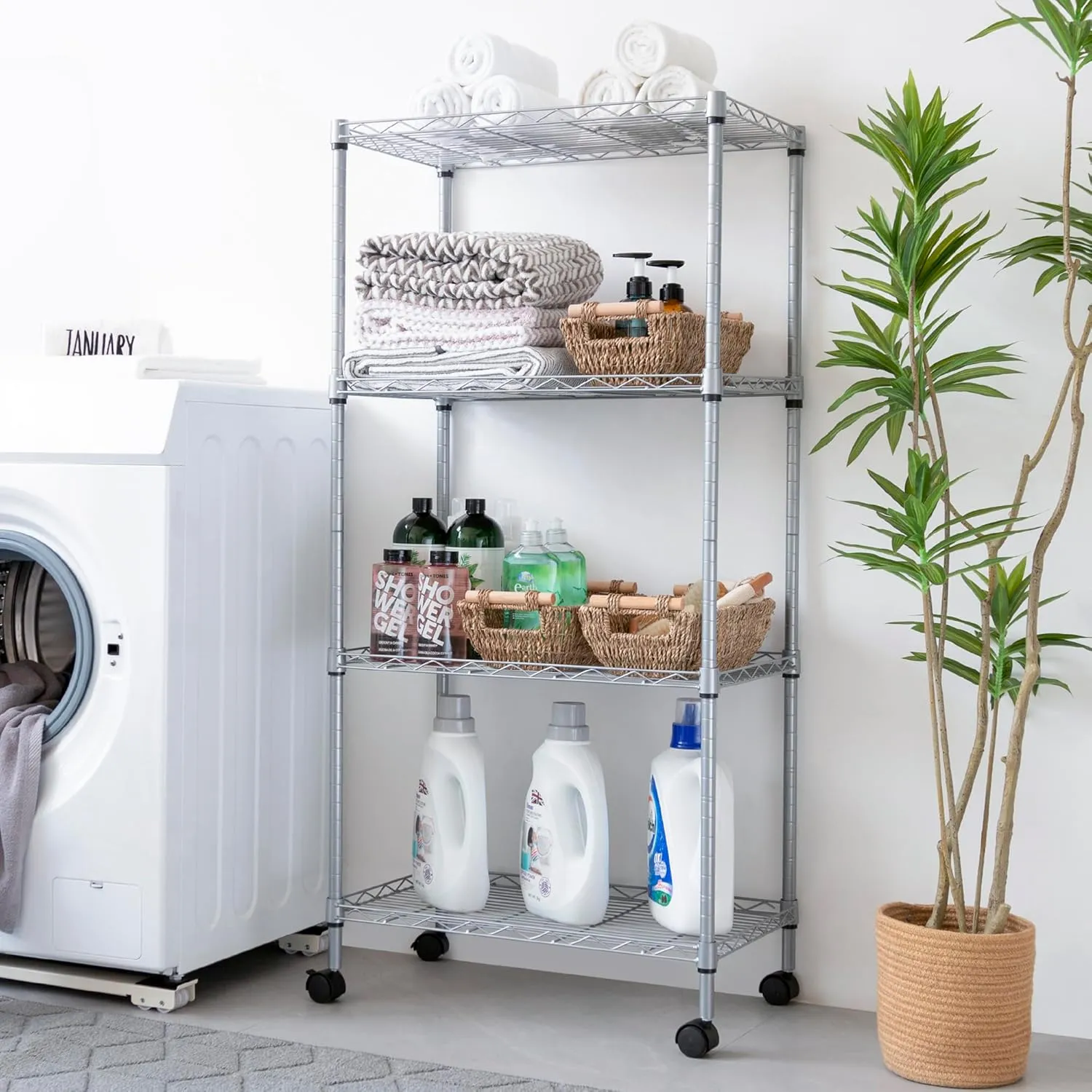 Wire Shelving Unit with Wheels, 4-Tier Adjustable Heavy Duty Metal Shelf Wire Storage Rack for Home Office Garage Kitchen Bathroom, 440 lbs Capacity, 23.23''W X 13.4''D X 47.24''H, Silver