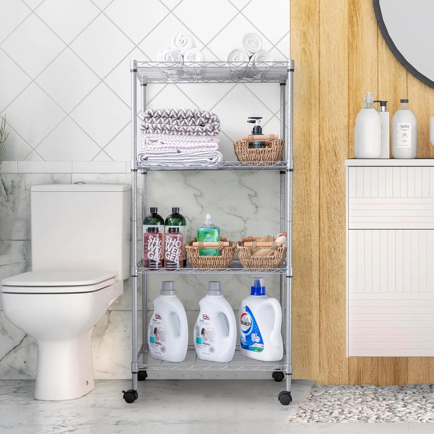 Wire Shelving Unit with Wheels, 4-Tier Adjustable Heavy Duty Metal Shelf Wire Storage Rack for Home Office Garage Kitchen Bathroom, 440 lbs Capacity, 23.23''W X 13.4''D X 47.24''H, Silver