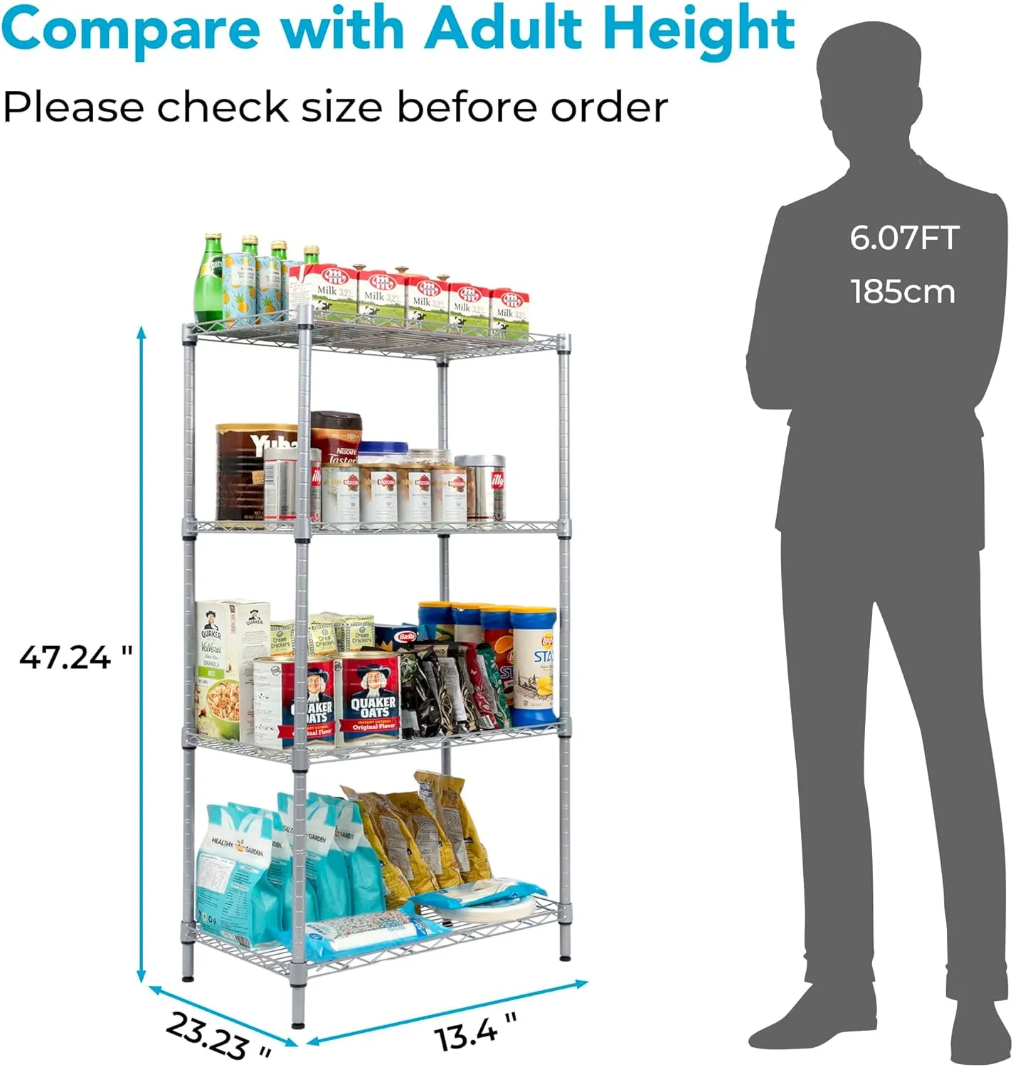 Wire Shelving Unit with Wheels, 4-Tier Adjustable Heavy Duty Metal Shelf Wire Storage Rack for Home Office Garage Kitchen Bathroom, 440 lbs Capacity, 23.23''W X 13.4''D X 47.24''H, Silver