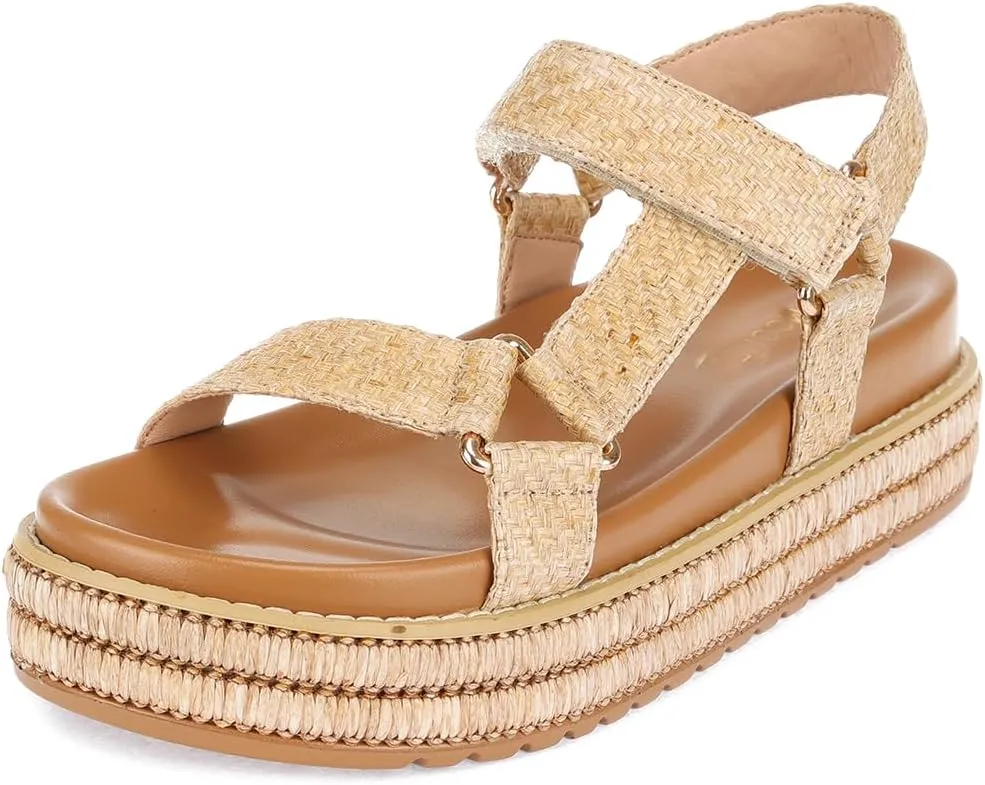 Women's Platform Sandals, Woven Strappy Design, Beige Espadrille Wedges with Ankle Strap，Dressy Comfortable Summer Beach Comfort Sandalias Trendy