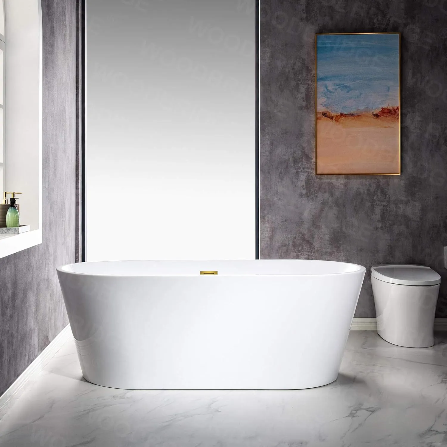 WOODBRIDGE 67" Acrylic Freestanding Bathtub Contemporary Soaking White Tub with Brushed Gold Overflow and Drain，B0013-BG