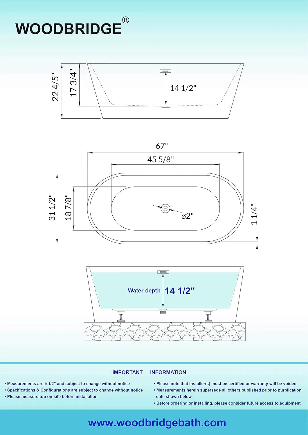 WOODBRIDGE 67" Acrylic Freestanding Bathtub Contemporary Soaking White Tub with Brushed Gold Overflow and Drain，B0013-BG