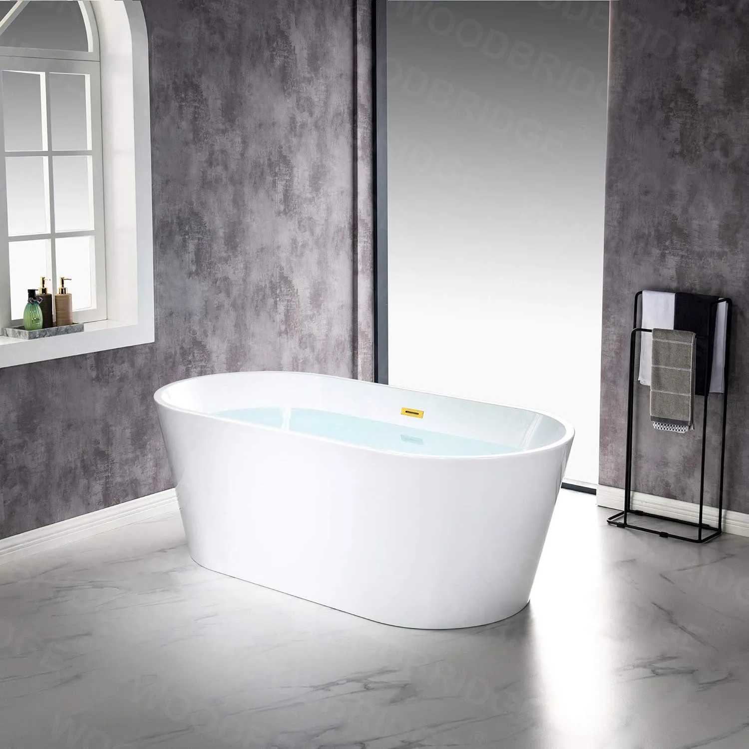 WOODBRIDGE 67" Acrylic Freestanding Bathtub Contemporary Soaking White Tub with Brushed Gold Overflow and Drain，B0013-BG