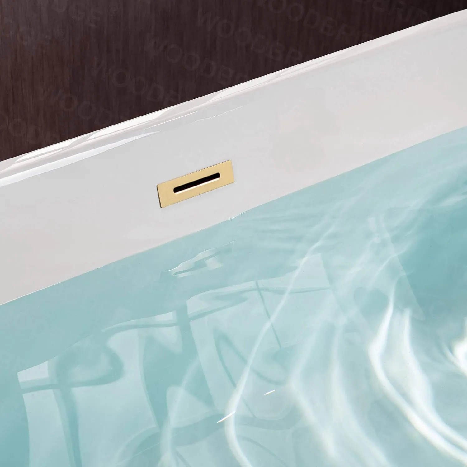 WOODBRIDGE 67" Acrylic Freestanding Bathtub Contemporary Soaking White Tub with Brushed Gold Overflow and Drain，B0013-BG
