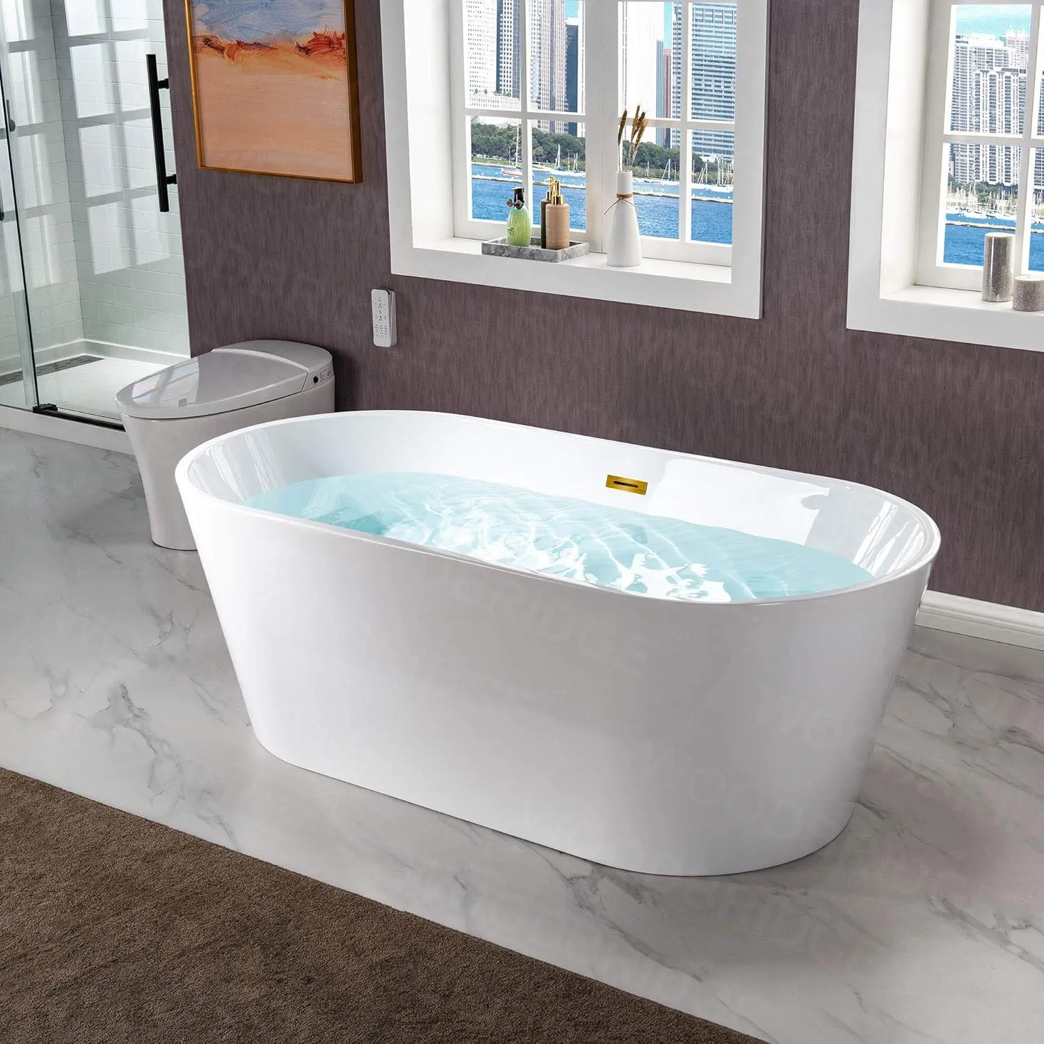WOODBRIDGE 67" Acrylic Freestanding Bathtub Contemporary Soaking White Tub with Brushed Gold Overflow and Drain，B0013-BG