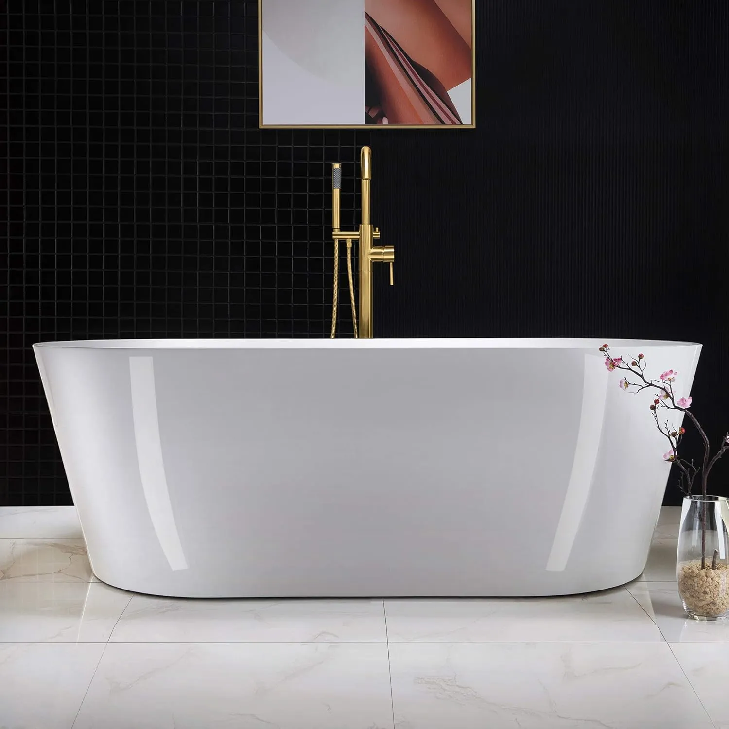 WOODBRIDGE 67" Acrylic Freestanding Bathtub Contemporary Soaking White Tub with Brushed Gold Overflow and Drain，B0013-BG