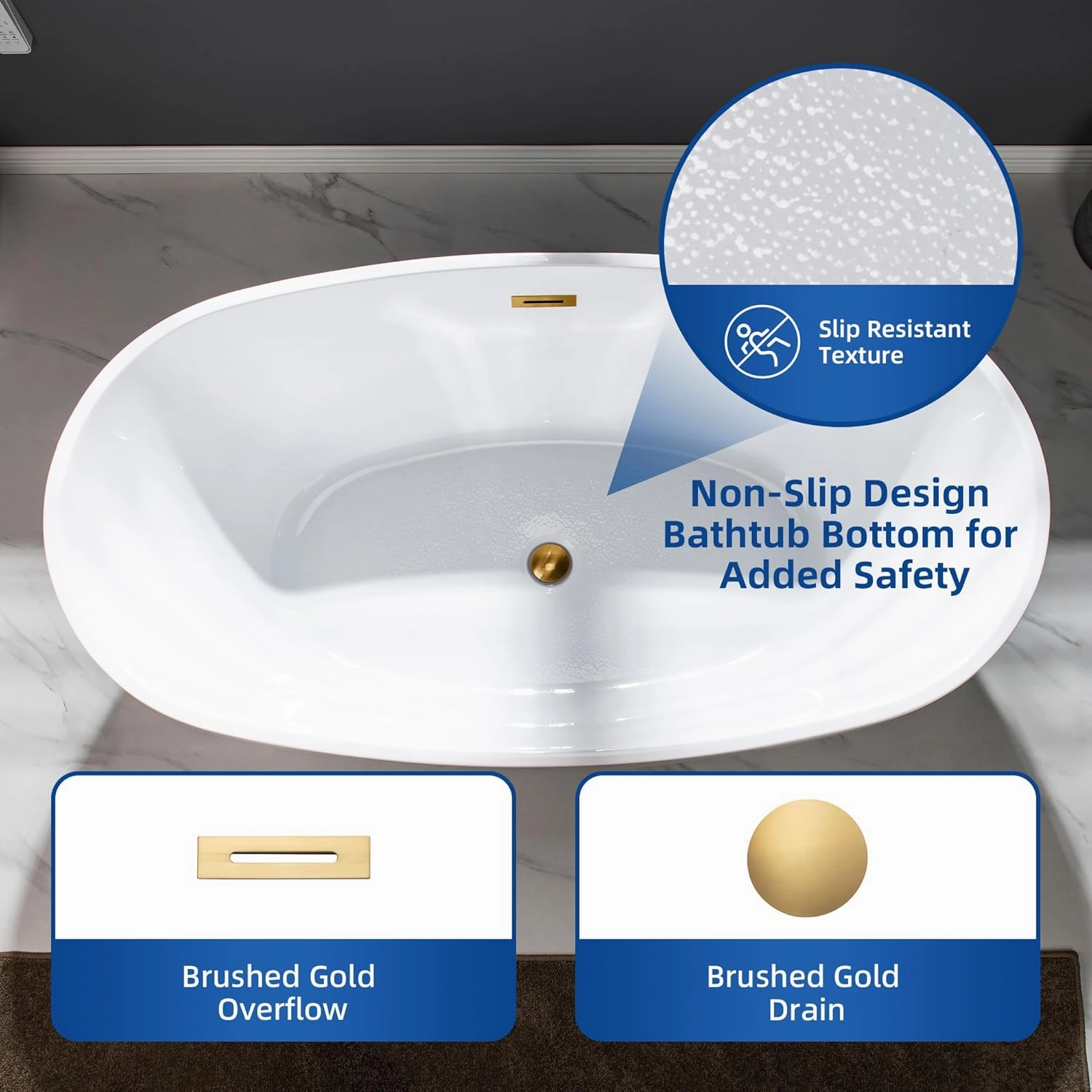 WOODBRIDGE 59" Acrylic Freestanding Bathtub Contemporary Soaking White Tub with Brushed Gold Overflow and Drain,B0018-BG
