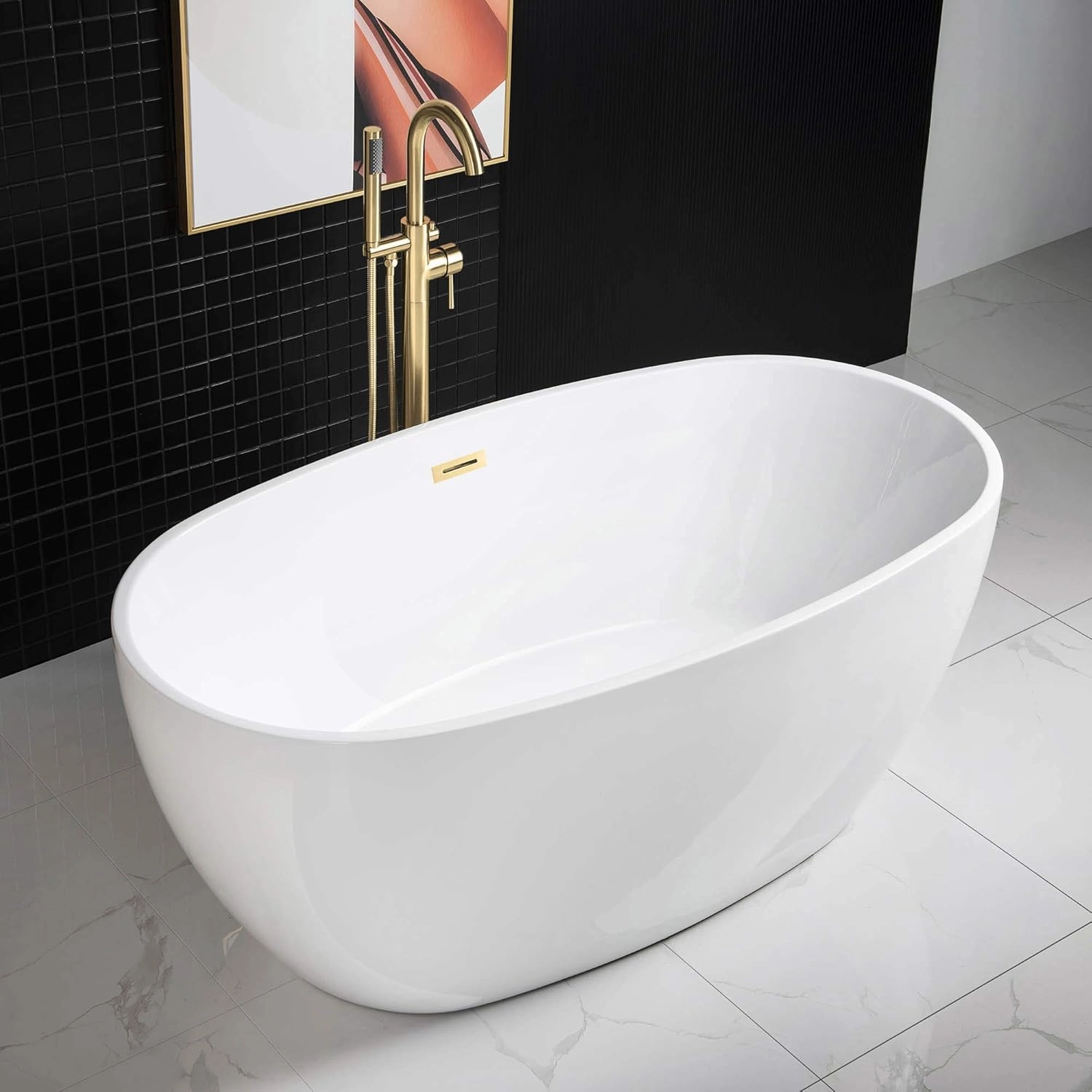 WOODBRIDGE 59" Acrylic Freestanding Bathtub Contemporary Soaking White Tub with Brushed Gold Overflow and Drain,B0018-BG