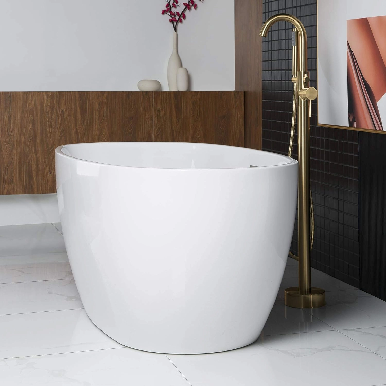 WOODBRIDGE 59" Acrylic Freestanding Bathtub Contemporary Soaking White Tub with Brushed Gold Overflow and Drain,B0018-BG