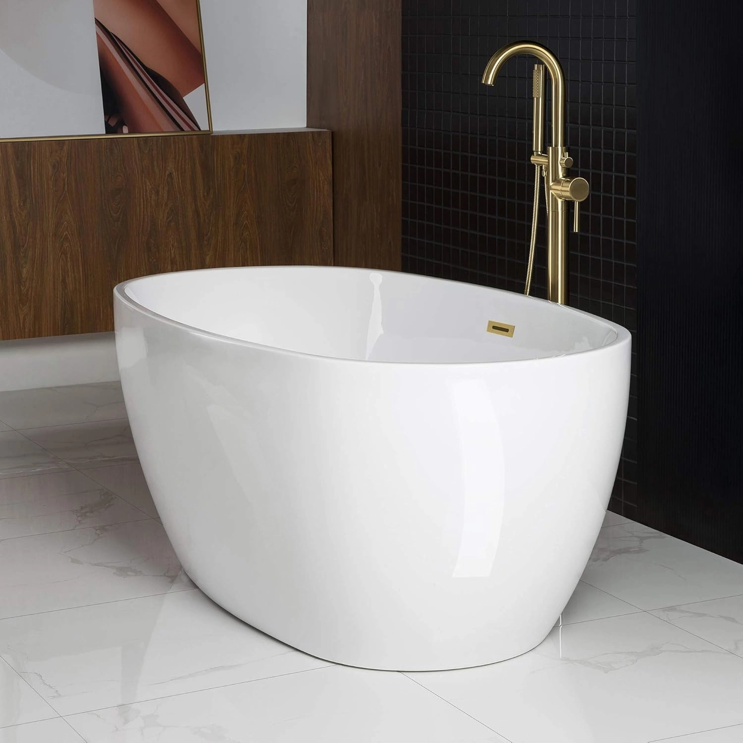 WOODBRIDGE 59" Acrylic Freestanding Bathtub Contemporary Soaking White Tub with Brushed Gold Overflow and Drain,B0018-BG