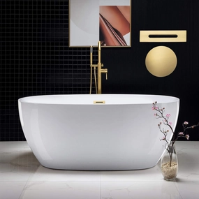 WOODBRIDGE 59" Acrylic Freestanding Bathtub Contemporary Soaking White Tub with Brushed Gold Overflow and Drain,B0018-BG