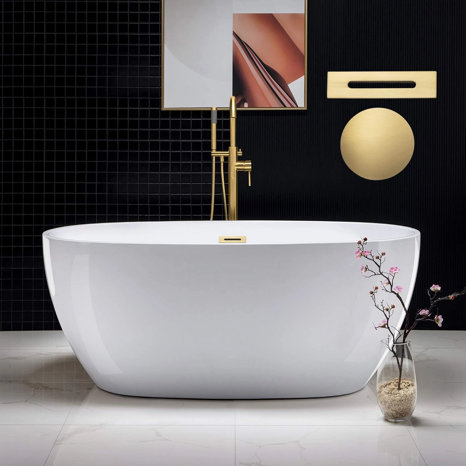 WOODBRIDGE 59" Acrylic Freestanding Bathtub Contemporary Soaking White Tub with Brushed Gold Overflow and Drain,B0018-BG
