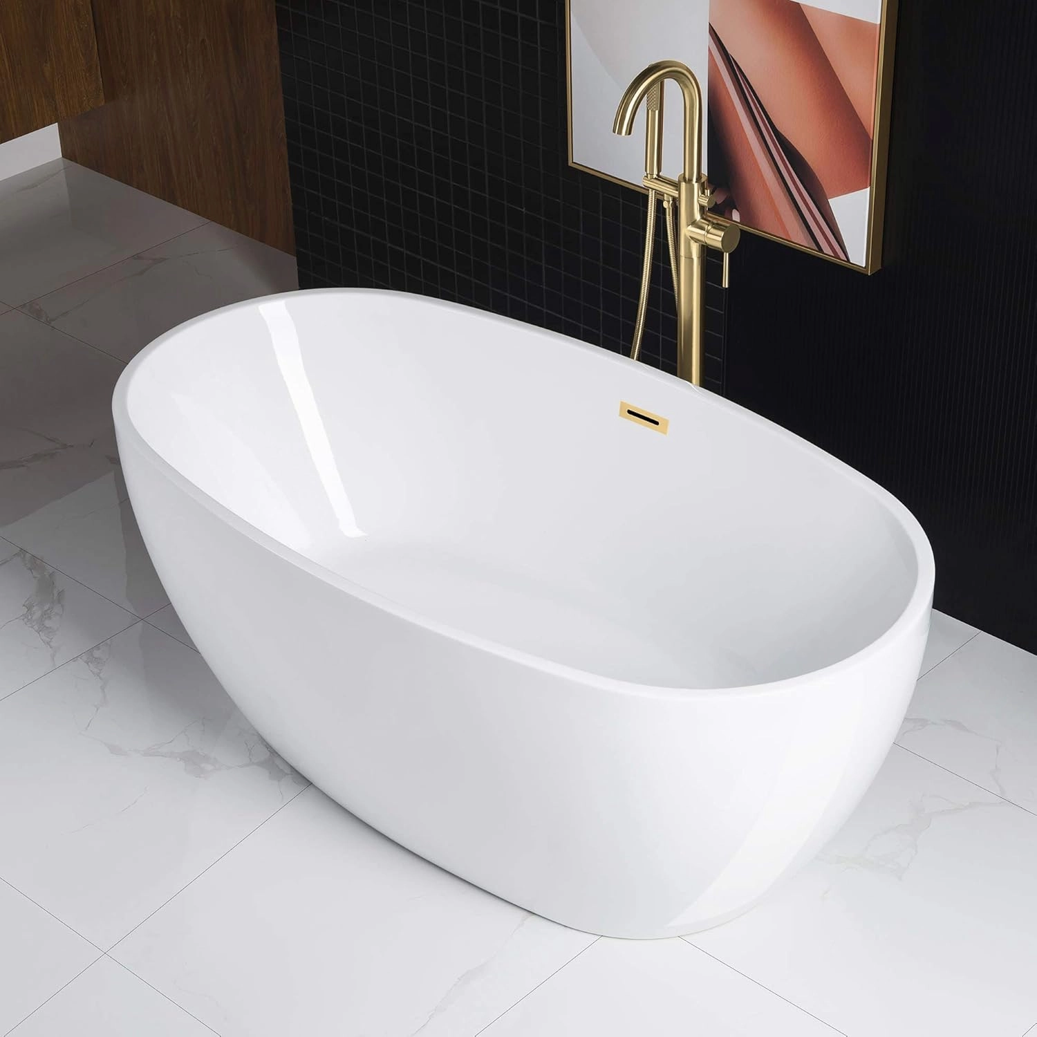 WOODBRIDGE 59" Acrylic Freestanding Bathtub Contemporary Soaking White Tub with Brushed Gold Overflow and Drain,B0018-BG