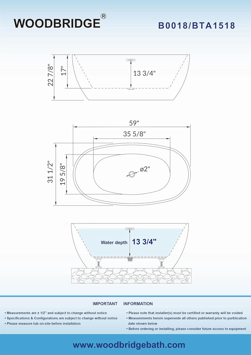 WOODBRIDGE 59" Acrylic Freestanding Bathtub Contemporary Soaking White Tub with Brushed Gold Overflow and Drain,B0018-BG