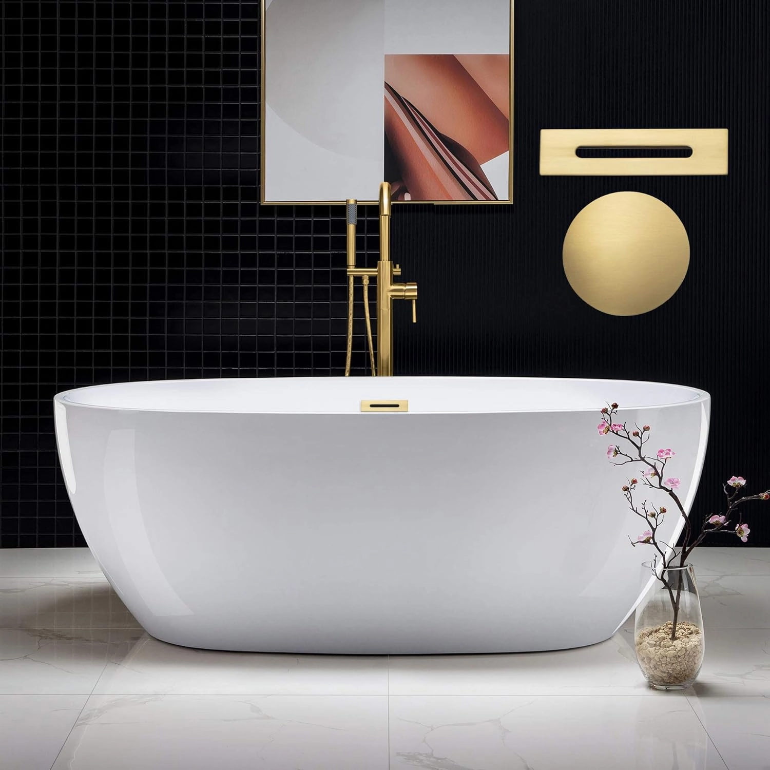WOODBRIDGE 67" Acrylic Freestanding Bathtub Contemporary Soaking White Tub with Brushed Gold Overflow and Drain，BTA1528-BG