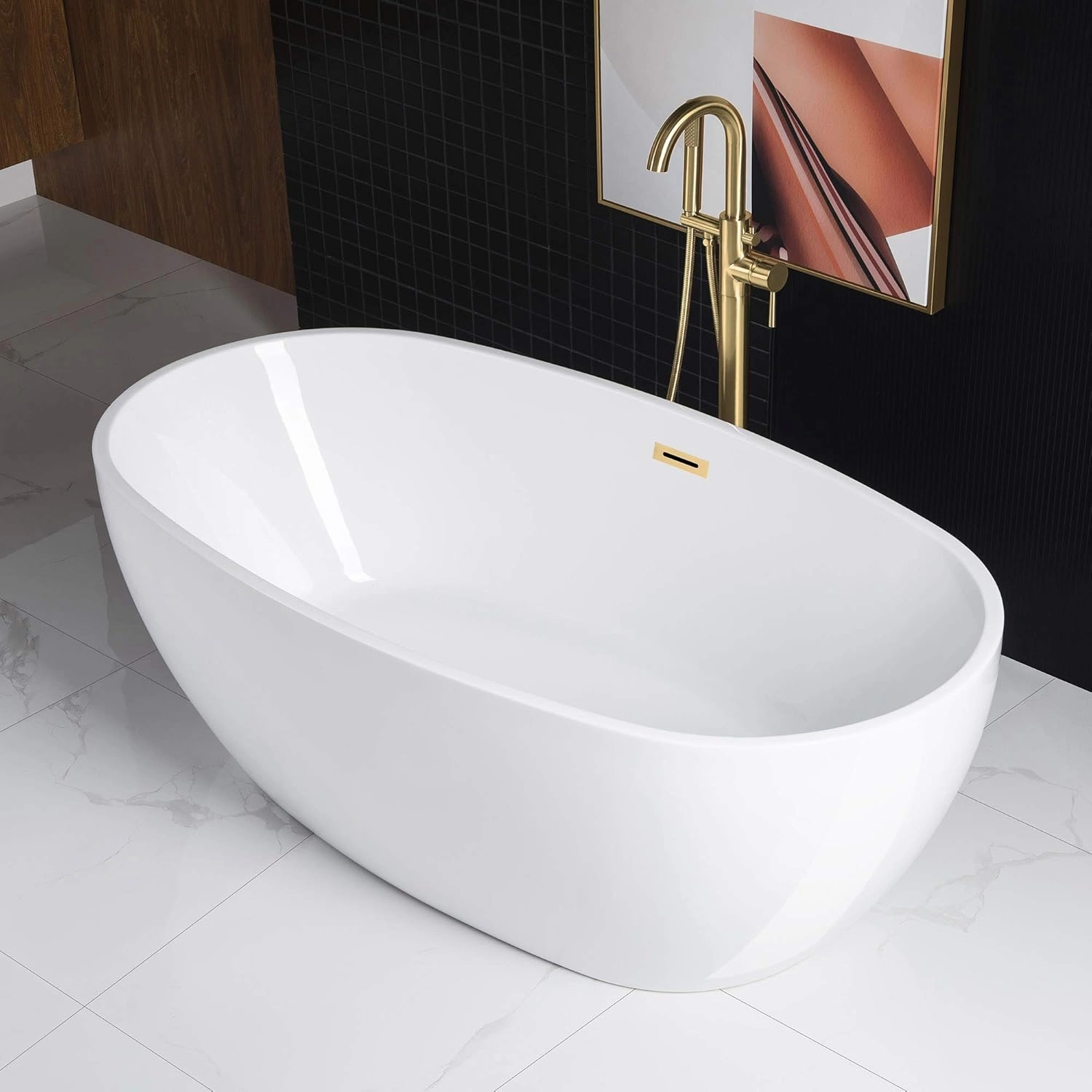 WOODBRIDGE 67" Acrylic Freestanding Bathtub Contemporary Soaking White Tub with Brushed Gold Overflow and Drain，BTA1528-BG