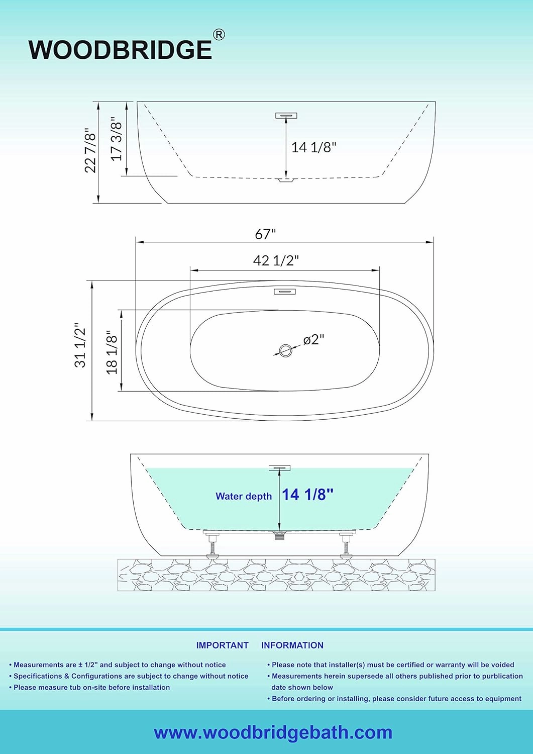 WOODBRIDGE 67" Acrylic Freestanding Bathtub Contemporary Soaking White Tub with Brushed Gold Overflow and Drain，BTA1528-BG
