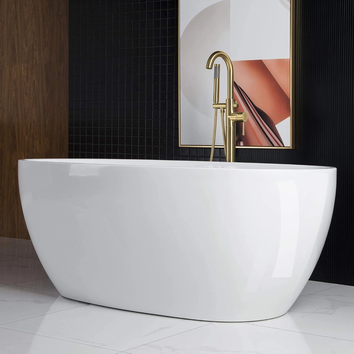 WOODBRIDGE 67" Acrylic Freestanding Bathtub Contemporary Soaking White Tub with Brushed Gold Overflow and Drain，BTA1528-BG