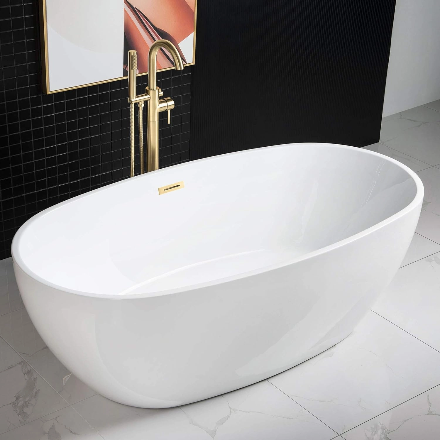 WOODBRIDGE 67" Acrylic Freestanding Bathtub Contemporary Soaking White Tub with Brushed Gold Overflow and Drain，BTA1528-BG