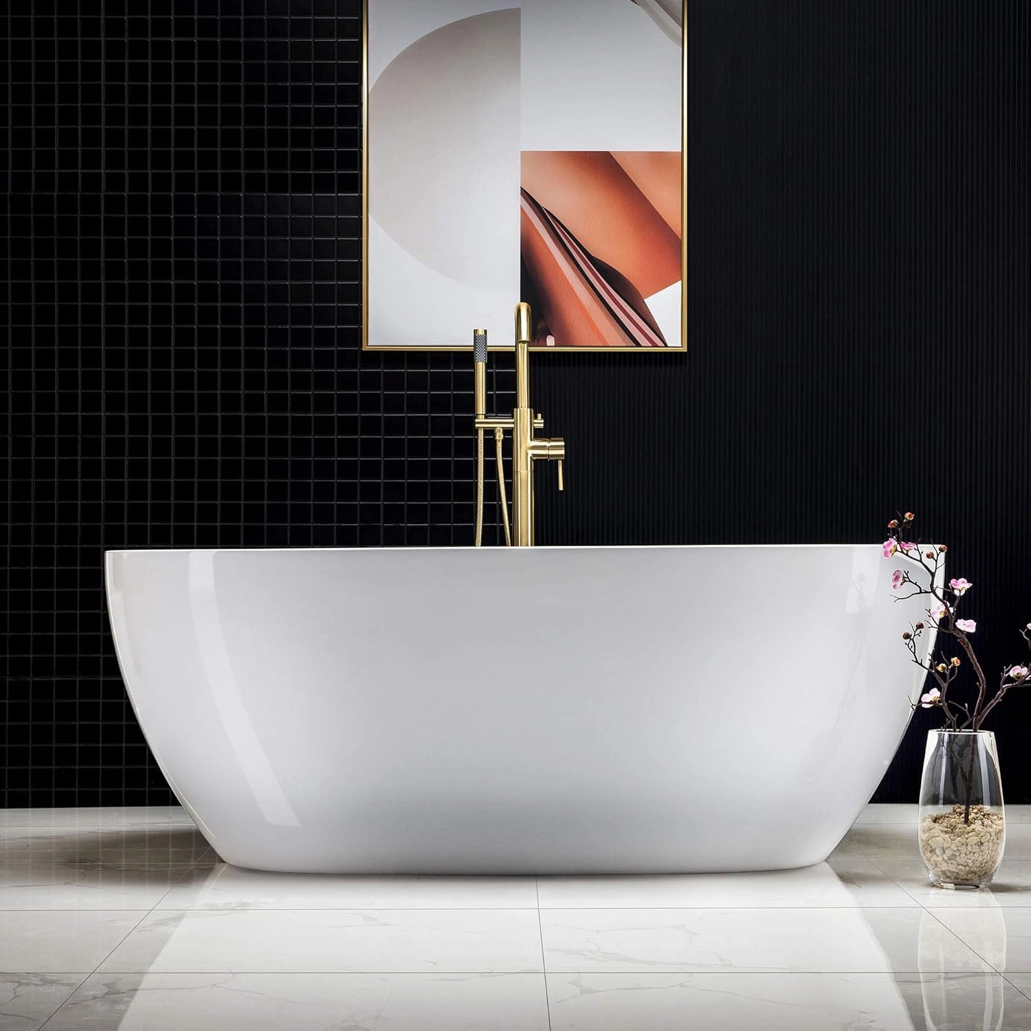 WOODBRIDGE 67" Acrylic Freestanding Bathtub Contemporary Soaking White Tub with Brushed Gold Overflow and Drain，BTA1528-BG