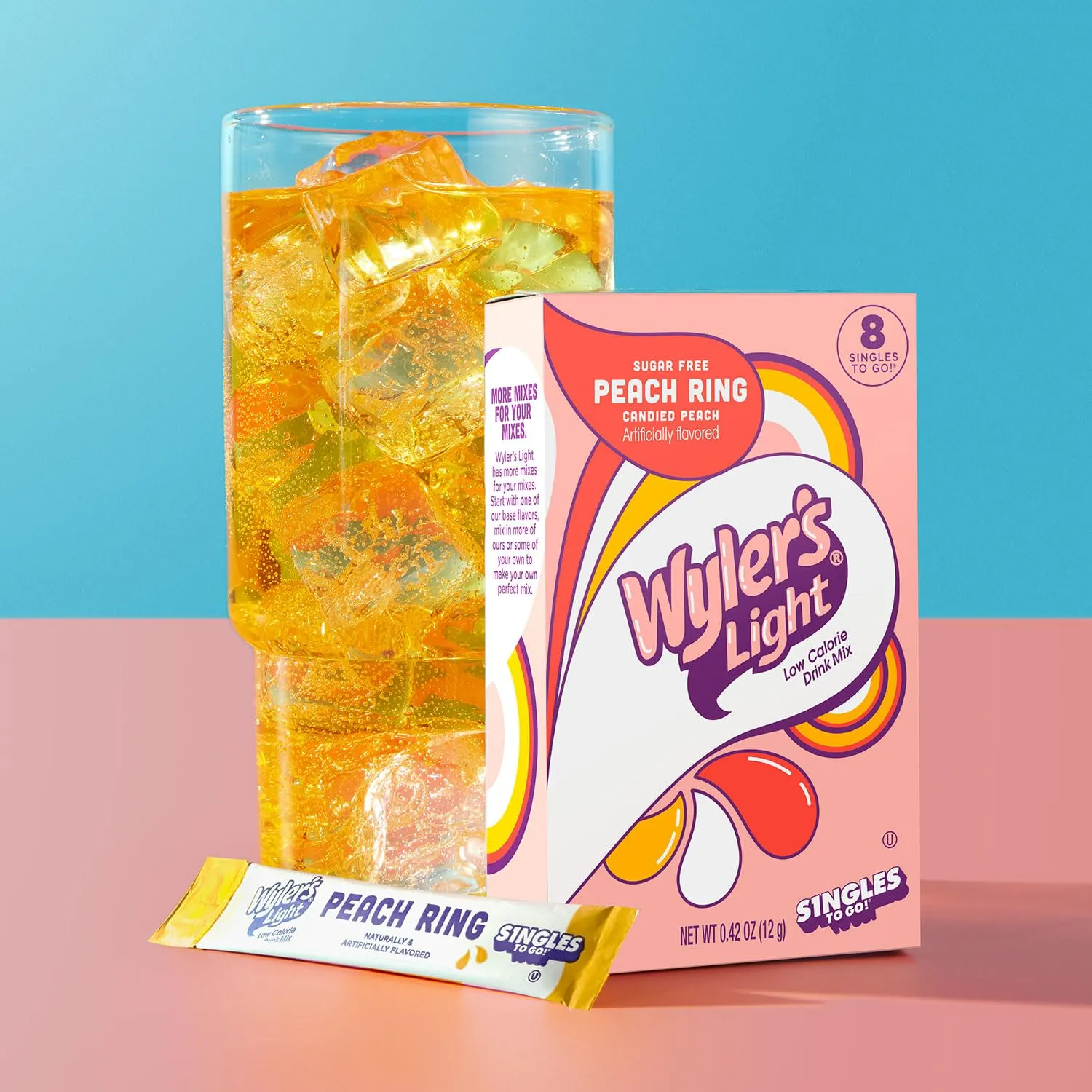 Wyler's Light Singles To Go Powder Packets, Water Drink Mix, Watertok Peach Ring, 96 Servings, 8 Count x Pack of 12