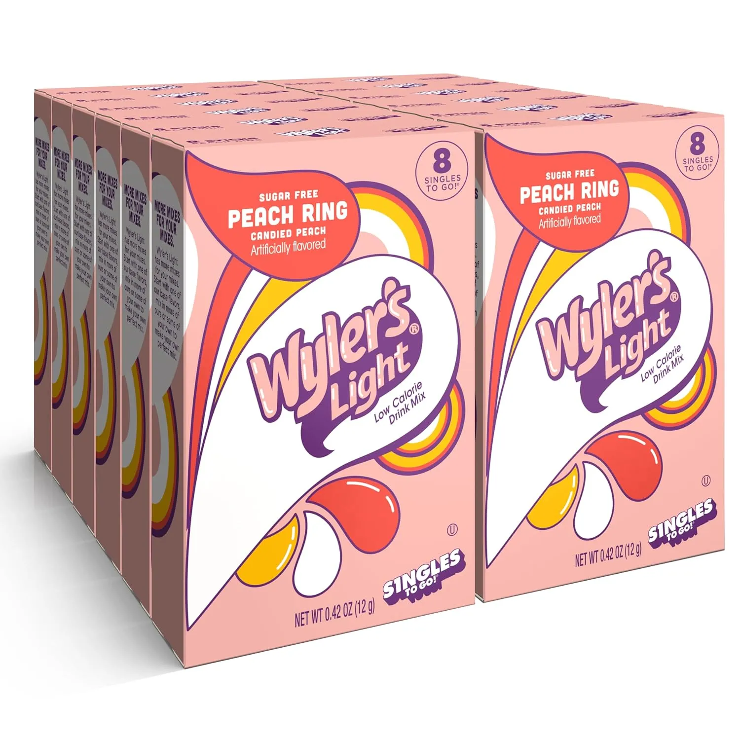 Wyler's Light Singles To Go Powder Packets, Water Drink Mix, Watertok Peach Ring, 96 Servings, 8 Count x Pack of 12