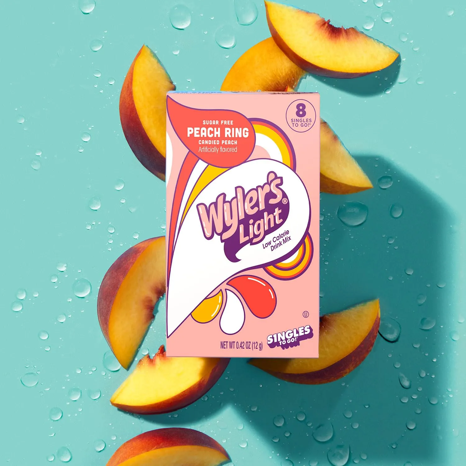 Wyler's Light Singles To Go Powder Packets, Water Drink Mix, Watertok Peach Ring, 96 Servings, 8 Count x Pack of 12