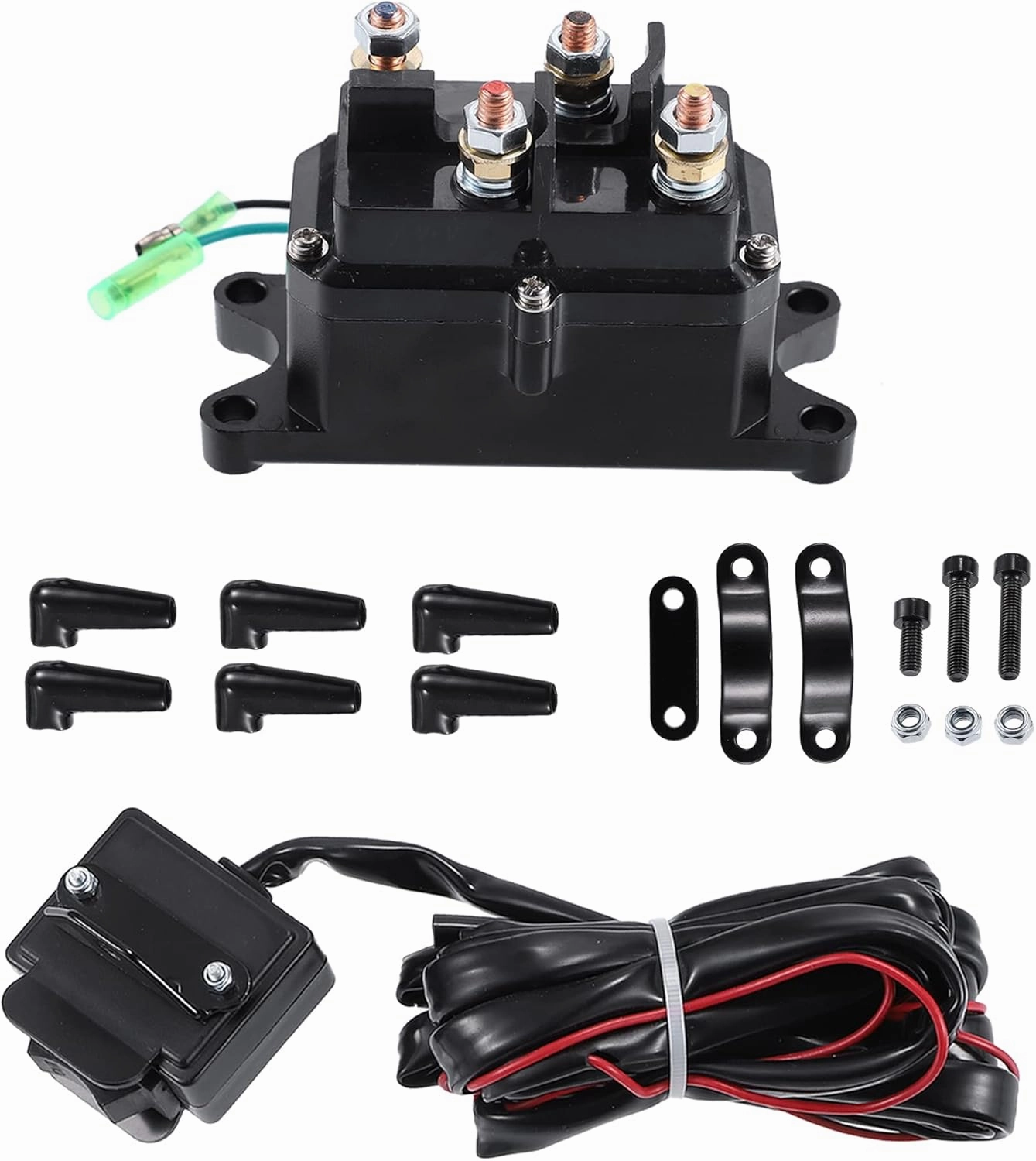 X AUTOHAUX 12V 250A Winch Solenoid Relay Contactor Winch Rocker Thumb Switch Combo ATV 1500-5000lbs for Polaris for Honda for Warn Silver Contactor Solenoid with 6 Insulated Caps 63070 62135