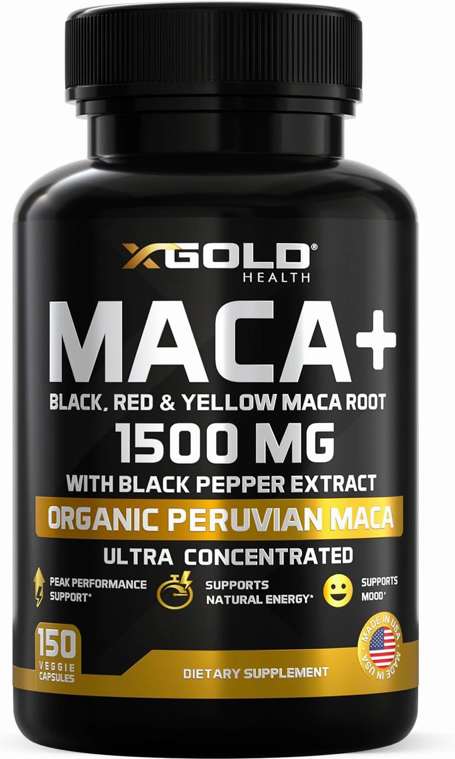 X Gold Health Organic Maca Root Powder Capsules 1500mg with Black | Red & Yellow Peruvian Maca Root Extract Gelatinized, Energy & Mood Supplement for Men & Women   Black Pepper for Best Benefits