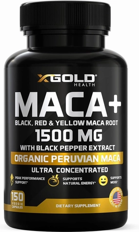 X Gold Health Organic Maca Root Powder Capsules 1500mg with Black | Red & Yellow Peruvian Maca Root Extract Gelatinized, Energy & Mood Supplement for Men & Women   Black Pepper for Best Benefits