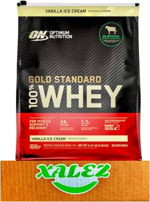 XALEZ (1 Pack) Optimum Nutrition Gold Standard 100% Whey Protein Powder, Vanilla Ice Cream, 5.47 lbs TM Gift Box (Vanilla Ice Cream)