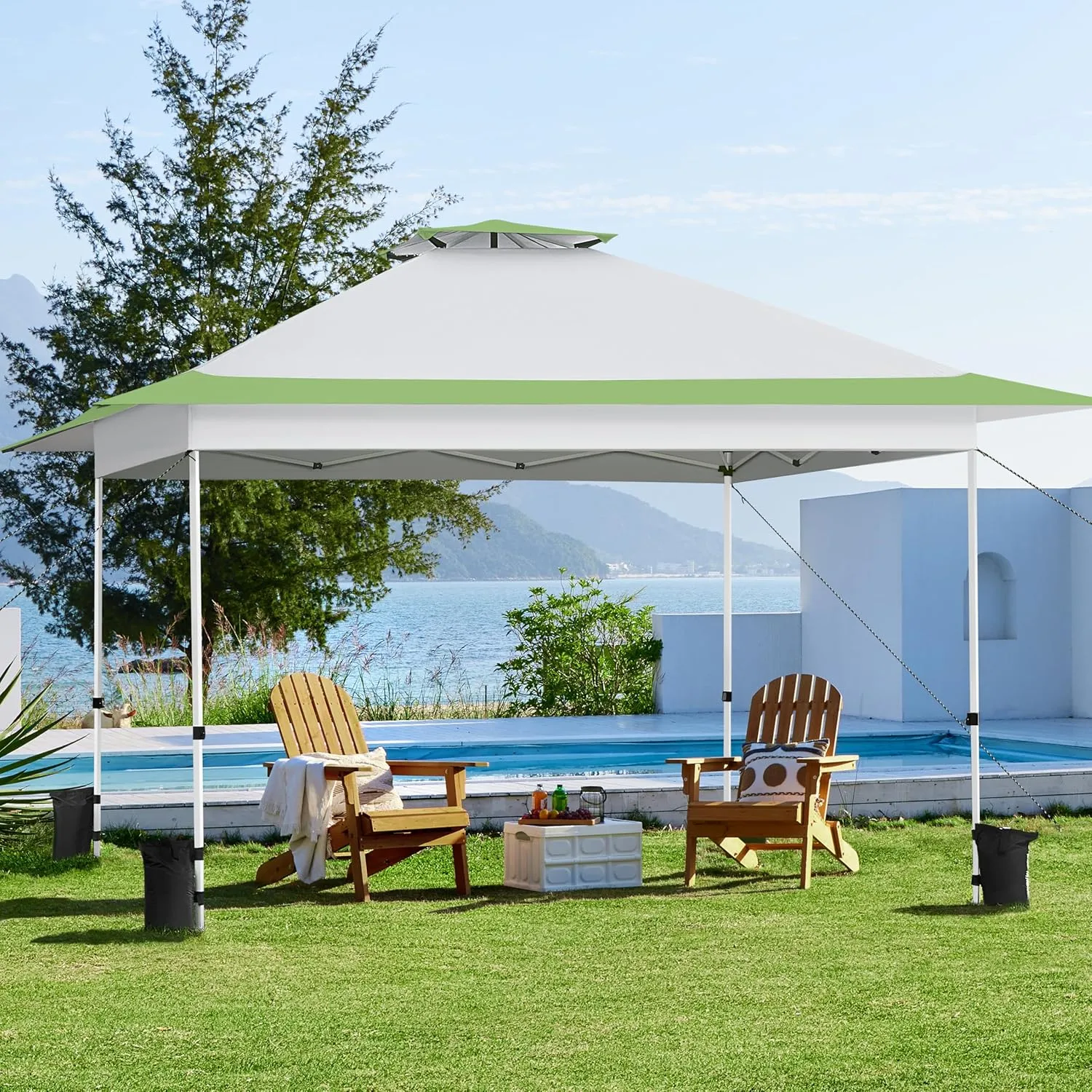 Yaheetech 13x13 Pop Up Canopy Tent, Straight Leg Easy Single Person Set-up Folding Shelter w/Extending Eaves w/Rolling Storage Bag & Sandbags for Garden, Patio, Lawn, Backyard, Deck, Light Gray/Green