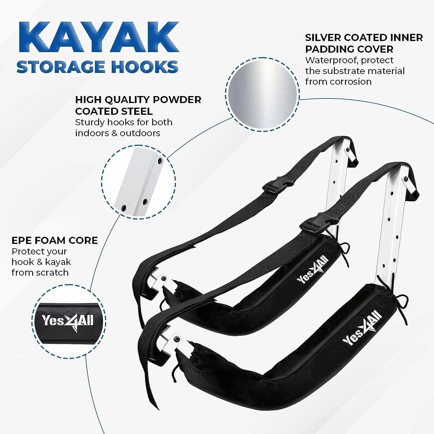 Yes4All Kayak Storage Hooks, Heavy-Duty Premium Foam Padded Surfboard Wallmount Rack, Set of 2 SUP Paddle Board Rack Hold up to 125 Lbs/Canoe, Bike, Kayak Storage Hook Indoor & Outdoor Hangers,Black