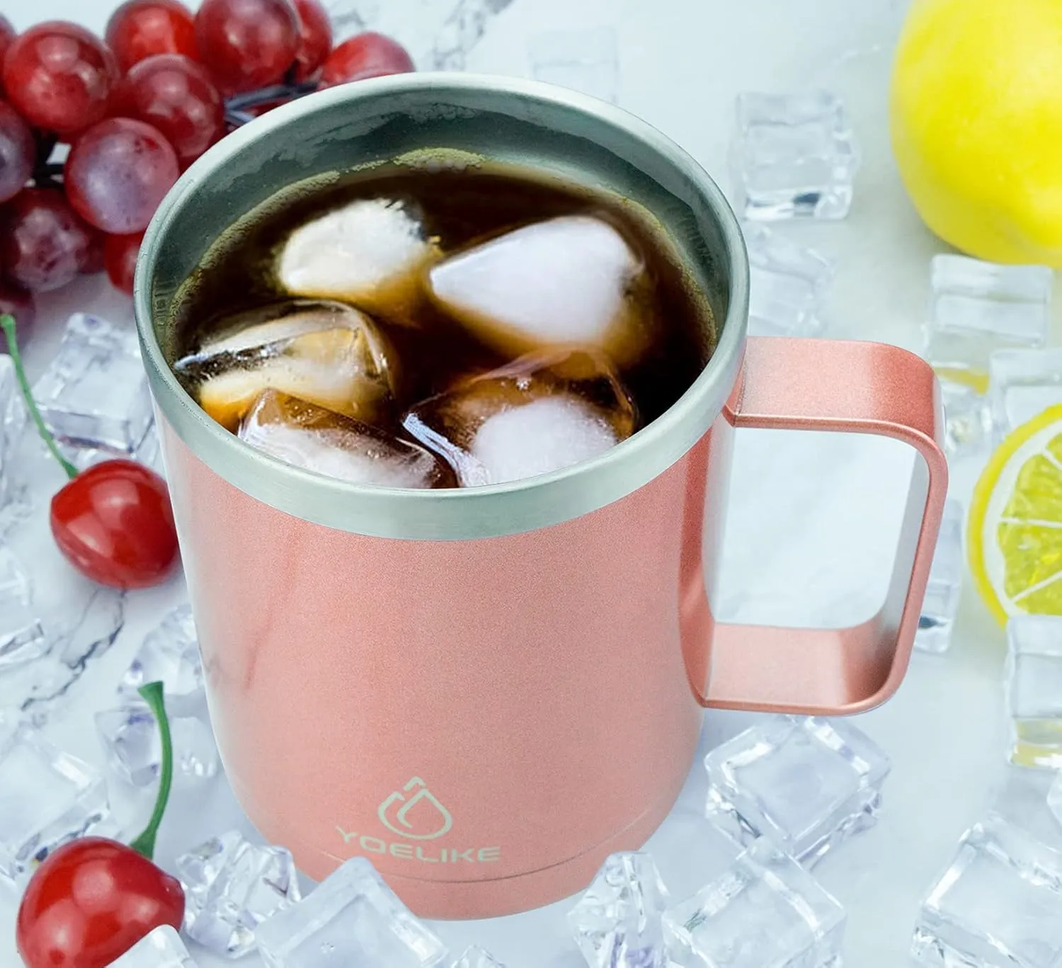 yoelike 14OZ Insulated Coffee Mug with Handle and Lid, Stainless Steel, Powder Coated, Vacuum Insulated Travel Mug, Camping Mug, Keep Hot/Cold Longer Coffee Tumbler Cup Rose Gold