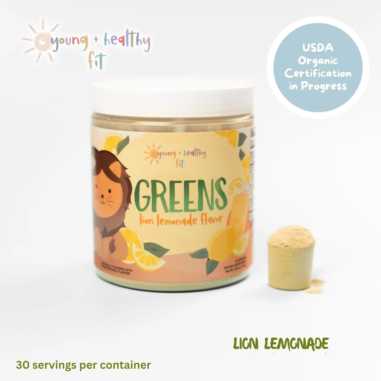 Young   Healthy Fit Kids Greens Powder, 30 Servings, Lion Lemonade, Superfood Drink Mix With Fiber for Digestive Health, Organic Fruits & Vegetables, Antioxidants, Real Food Ingredients, Ages 2 