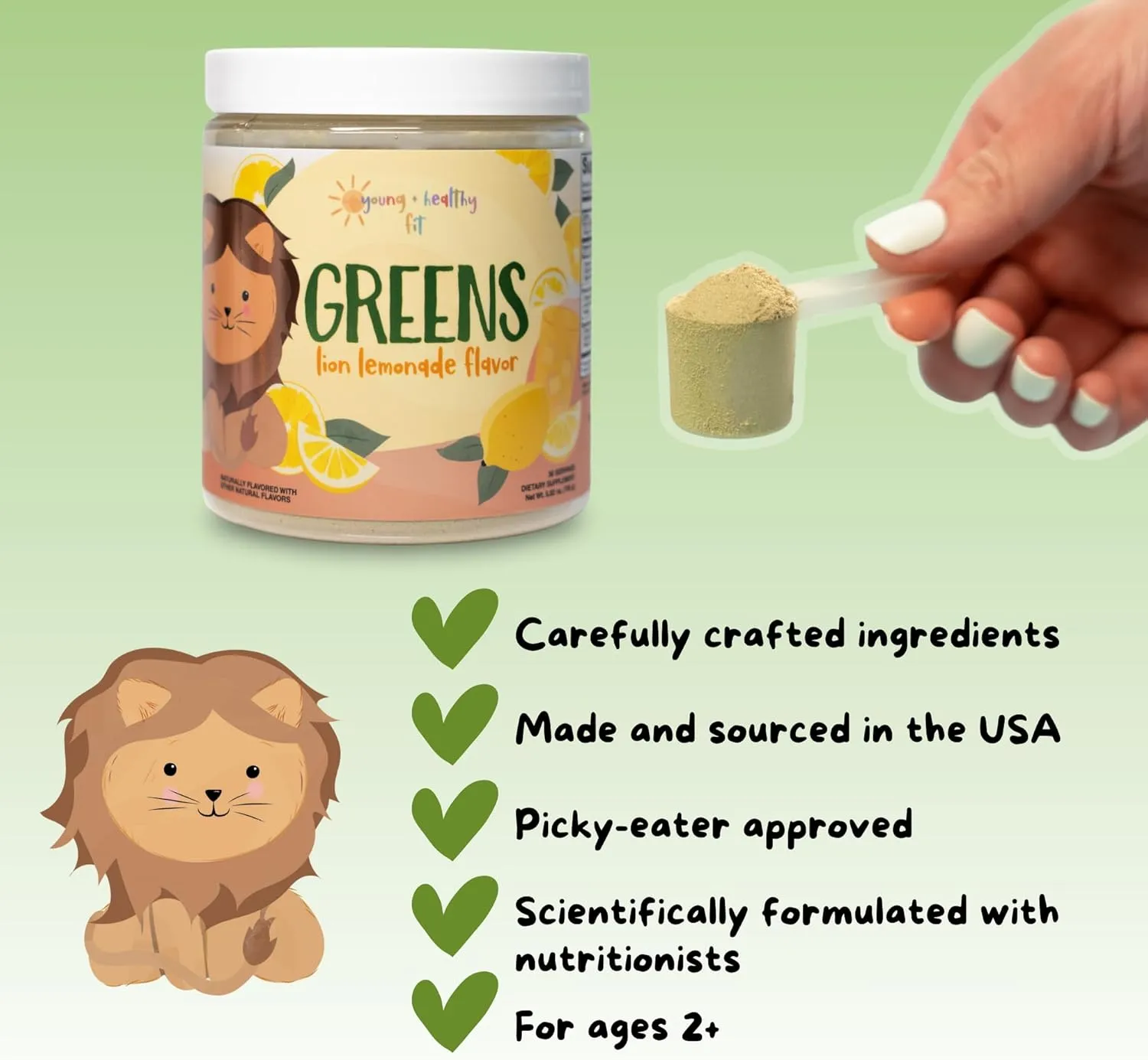 Young   Healthy Fit Kids Greens Powder, 30 Servings, Lion Lemonade, Superfood Drink Mix With Fiber for Digestive Health, Organic Fruits & Vegetables, Antioxidants, Real Food Ingredients, Ages 2 