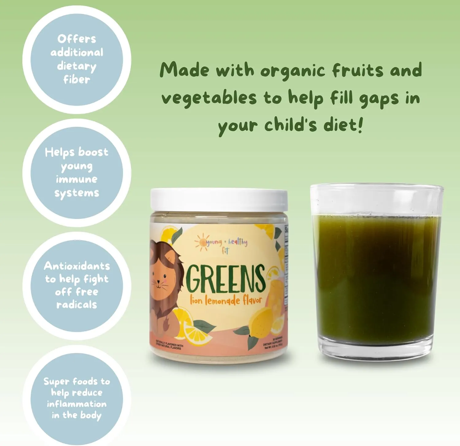 Young   Healthy Fit Kids Greens Powder, 30 Servings, Lion Lemonade, Superfood Drink Mix With Fiber for Digestive Health, Organic Fruits & Vegetables, Antioxidants, Real Food Ingredients, Ages 2 