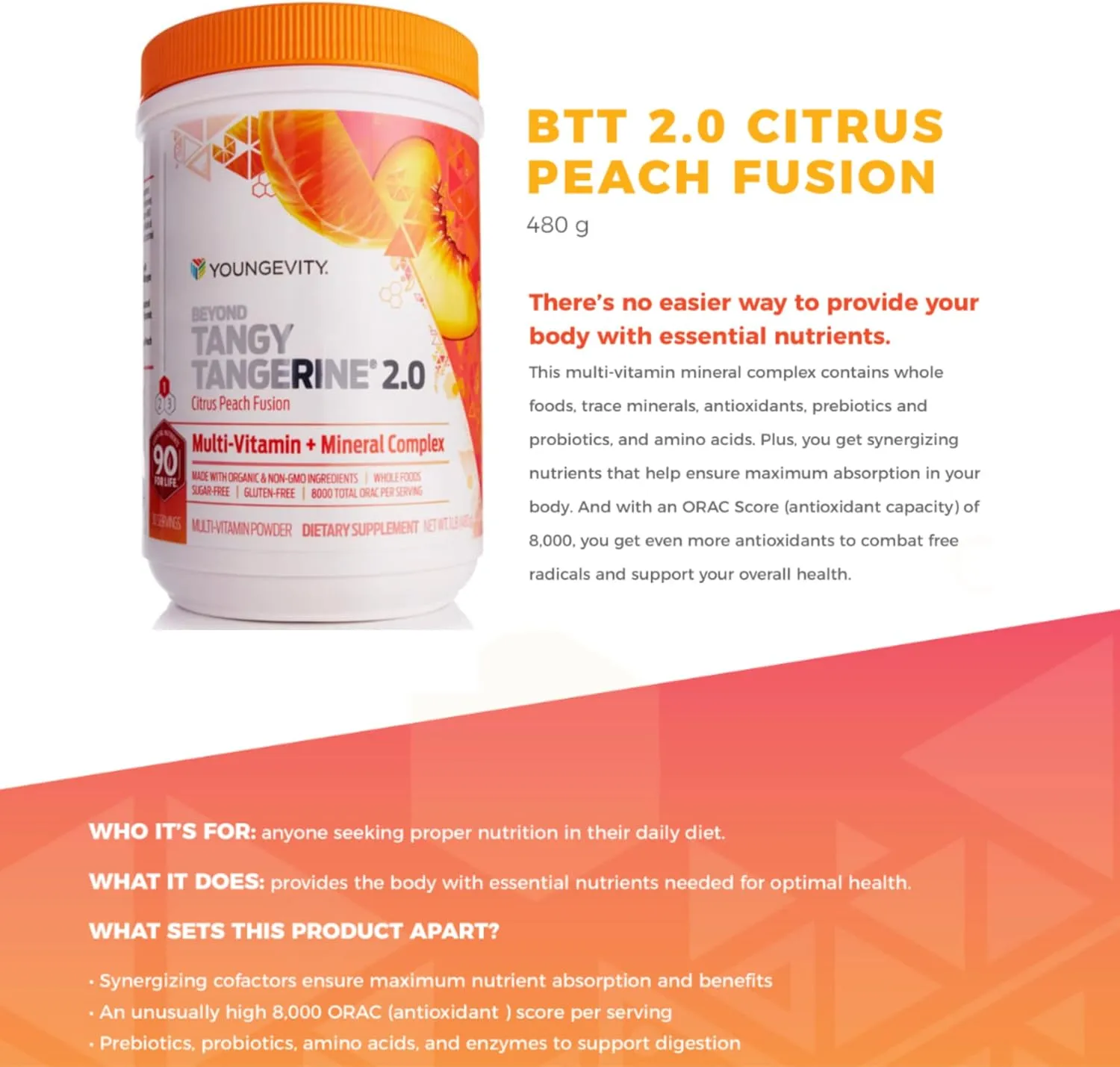 Youngevity Beyond Tangy Tangerine 2.0 Citrus Peach Fusion Multi-Vitamin & Mineral Complex - Made with Natural & Whole Foods | 8,000 ORAC
